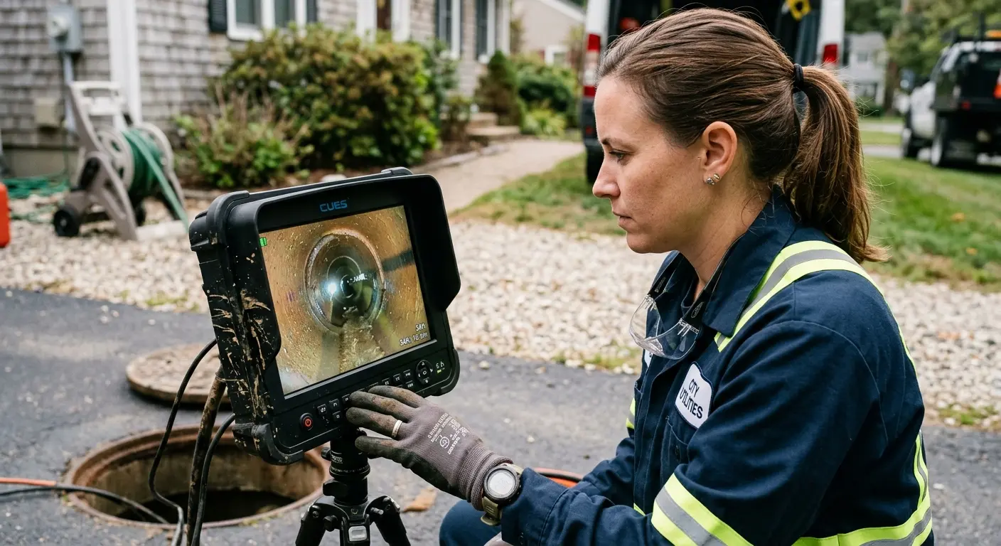 Technician reviewing sewer camera inspection footage in Olympia Heights