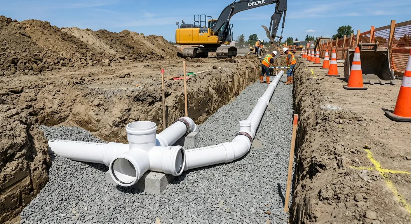 New PVC sewer pipe installation in open trench for Commercial Drain Cleaning in Olympia Heights